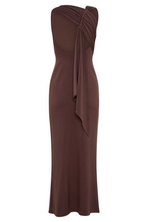 Catelyn Asymmetrical Scuba Jersey Midi Dress - Cacao Brown