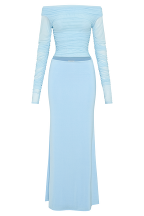 Darla Mesh And Slinky Off Shoulder Maxi Dress - Sky Blue