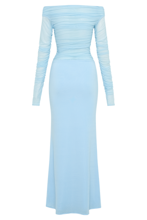 Darla Mesh And Slinky Off Shoulder Maxi Dress - Sky Blue