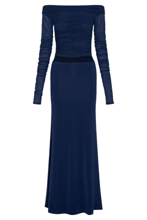 Darla Mesh And Slinky Off Shoulder Maxi Dress - Dark Navy