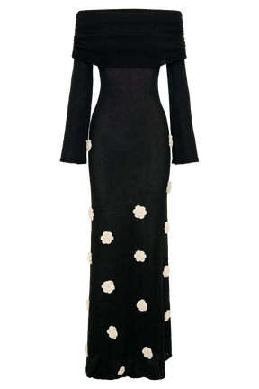 Kiki Off Shoulder Knit Rose Maxi Dress - Black/White