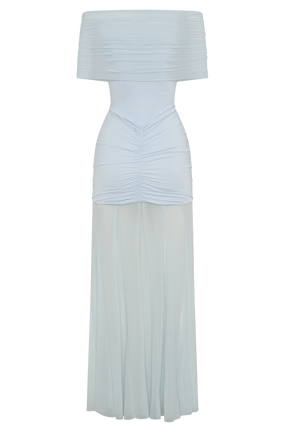 Caspian Slinky And Mesh Off Shoulder Maxi Dress - Pale Blue