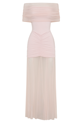 Caspian Slinky And Mesh Off Shoulder Maxi Dress - Pale Pink