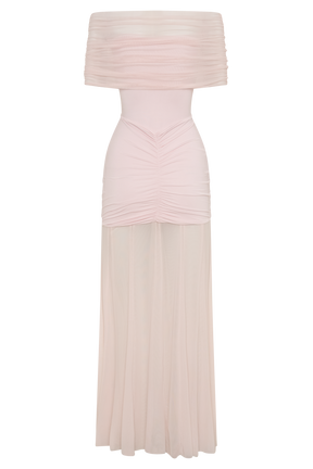 Caspian Slinky And Mesh Off Shoulder Maxi Dress - Pale Pink
