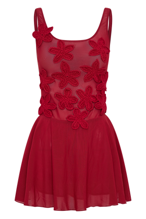 Melanie Mesh Mini Dress With Flowers - Ruby