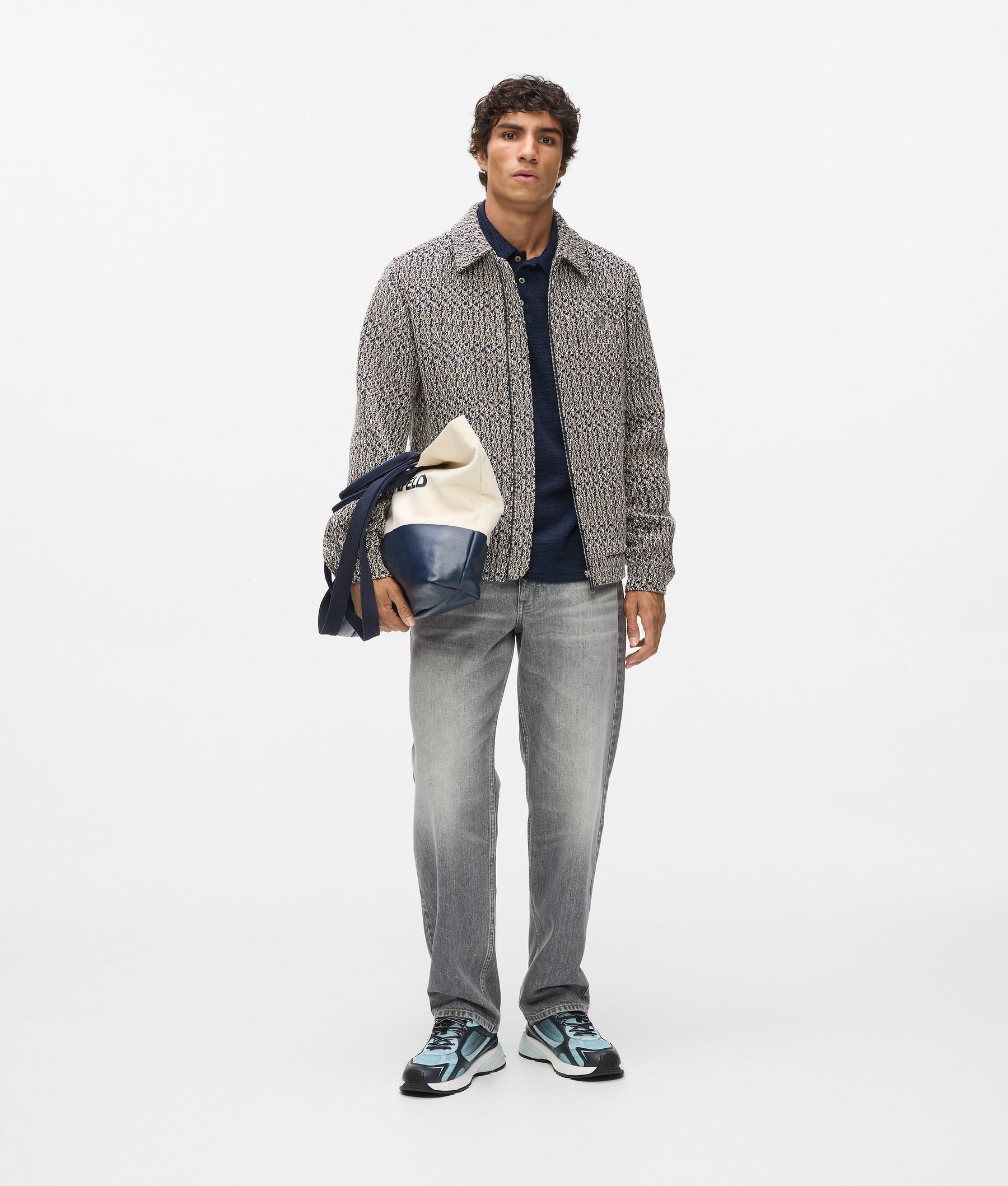 Zip-up bouclé tweed jacket