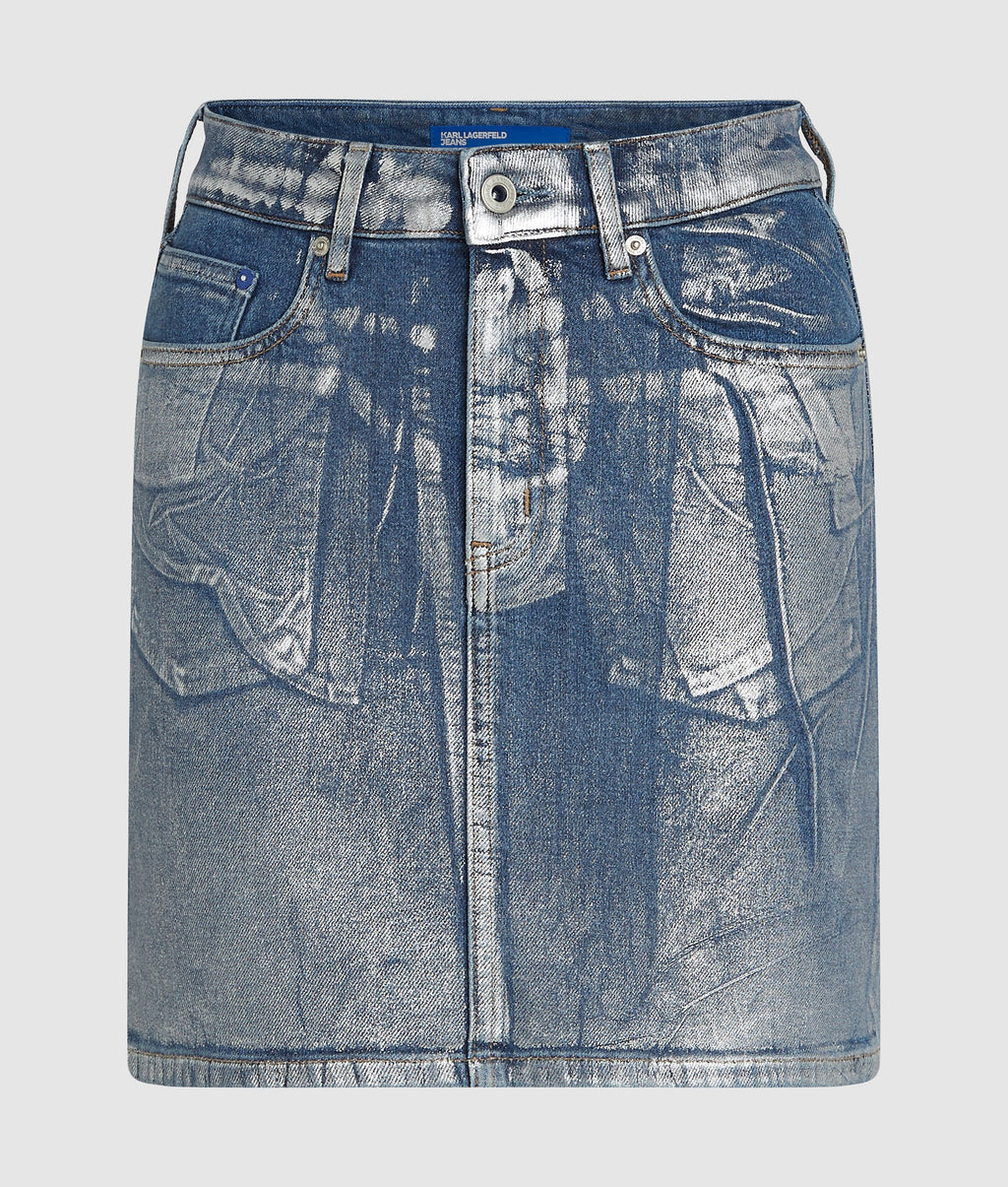 Coated denim mini skirt