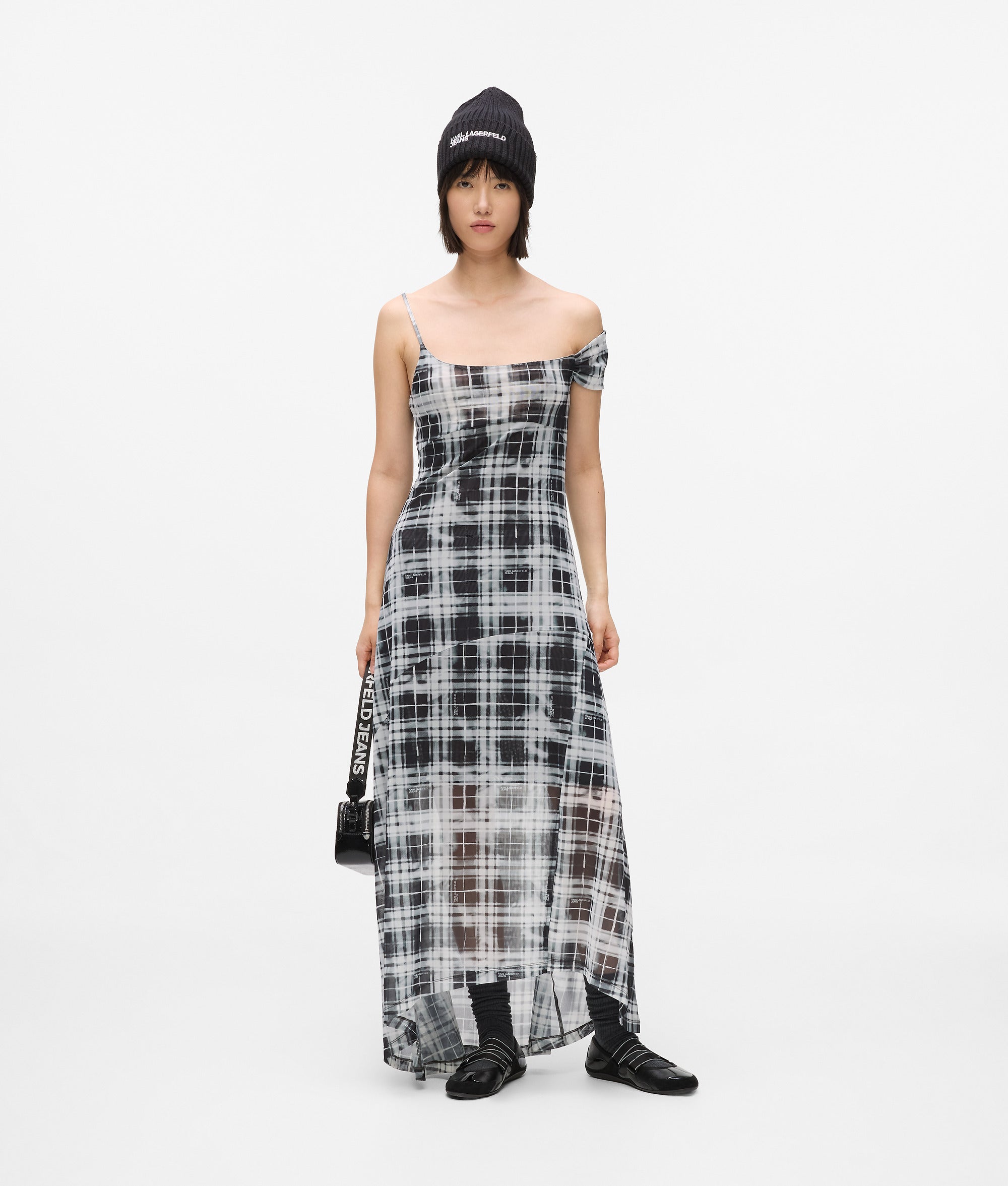 Checked mesh maxi dress