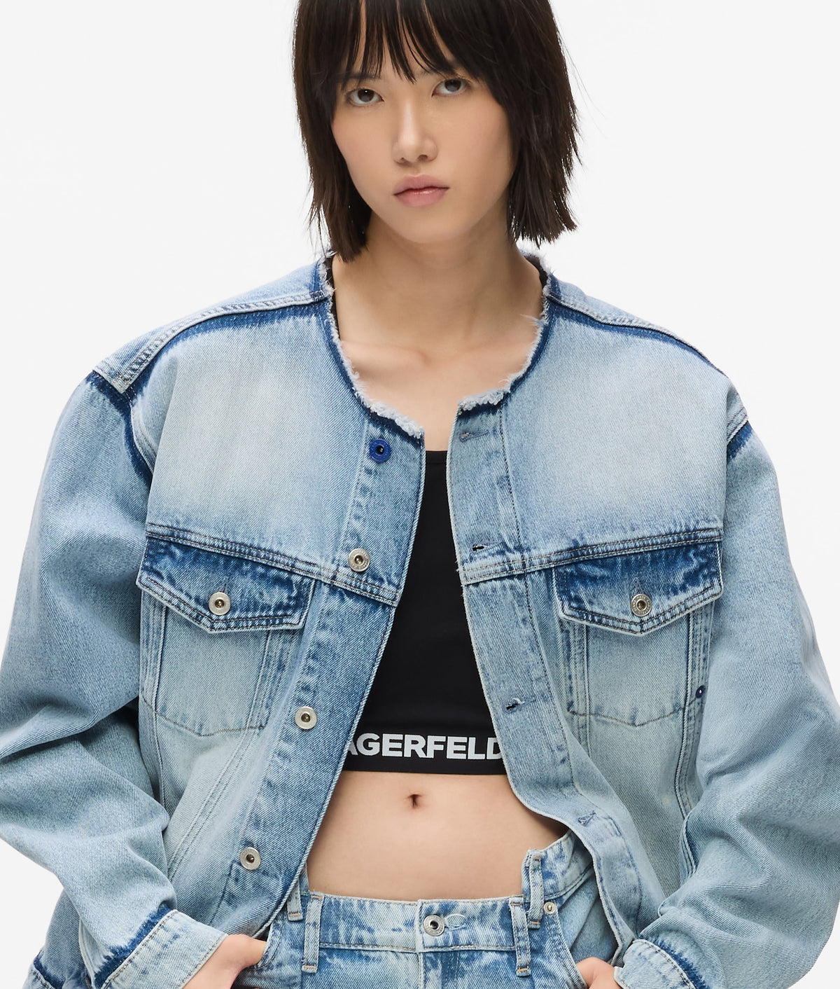 Collarless denim jacket