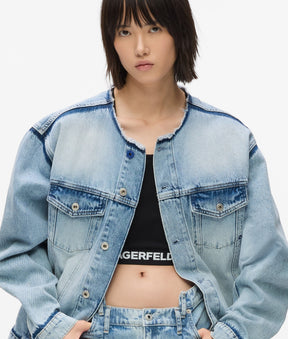 Collarless denim jacket