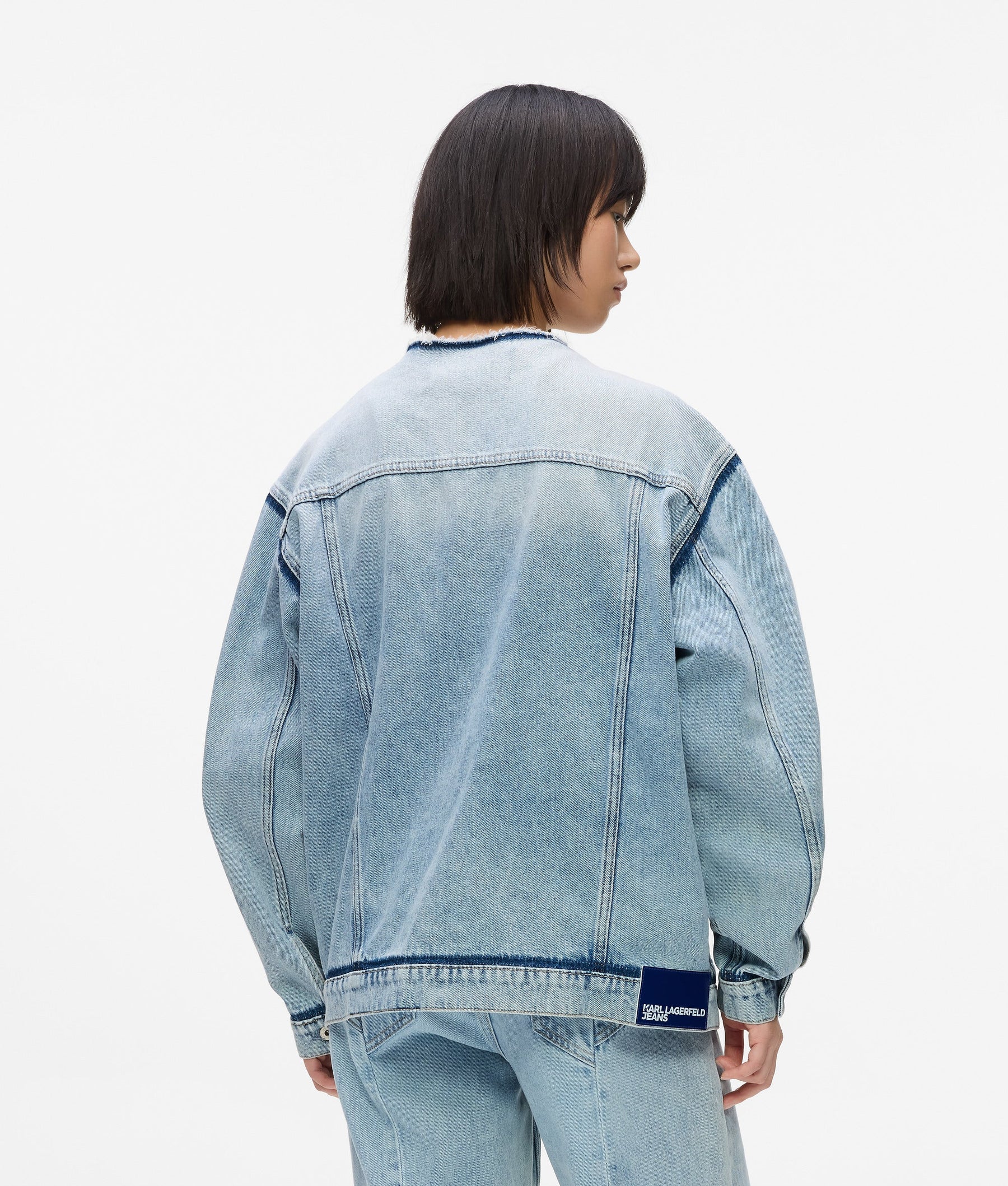 Collarless denim jacket