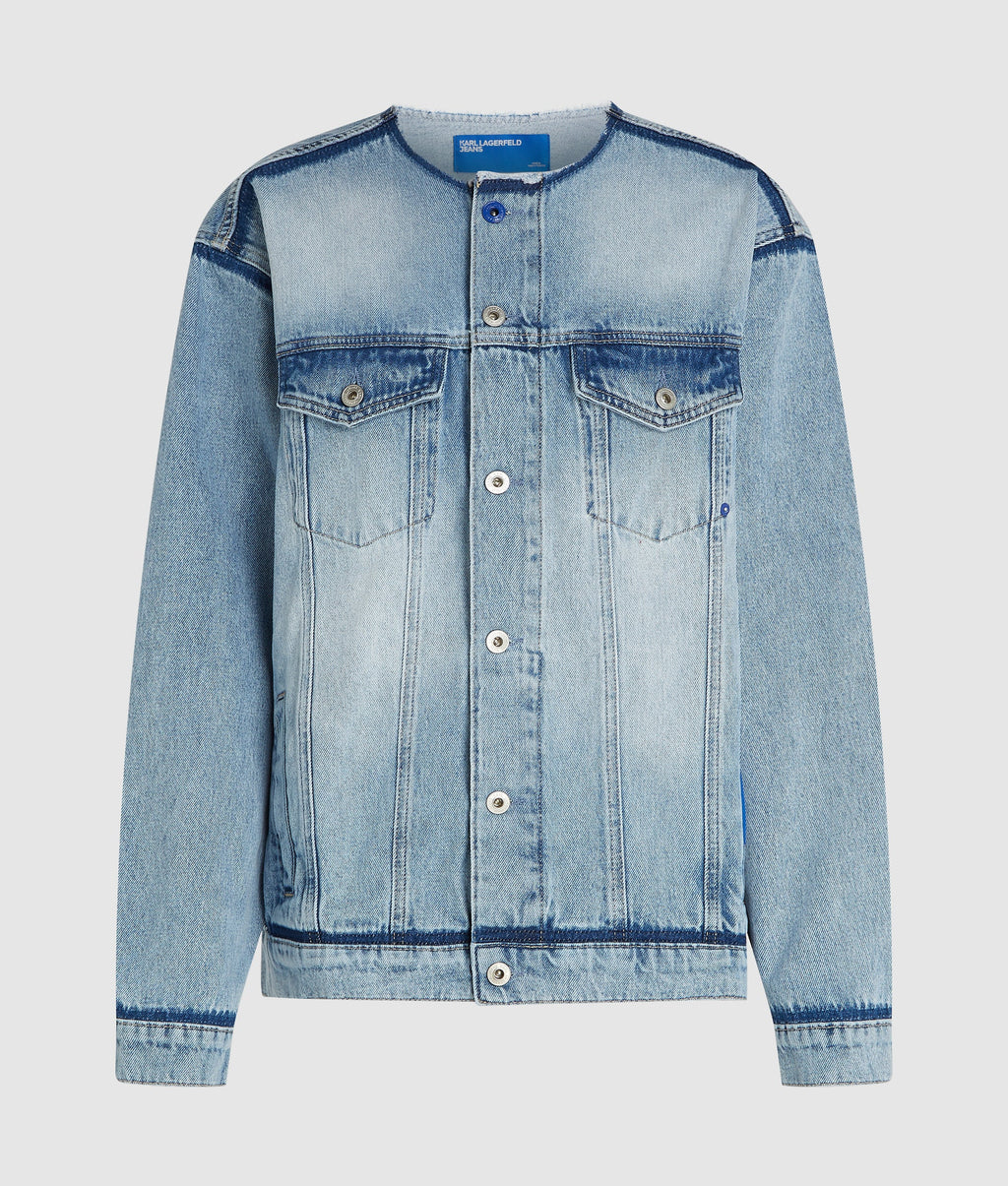 Collarless denim jacket