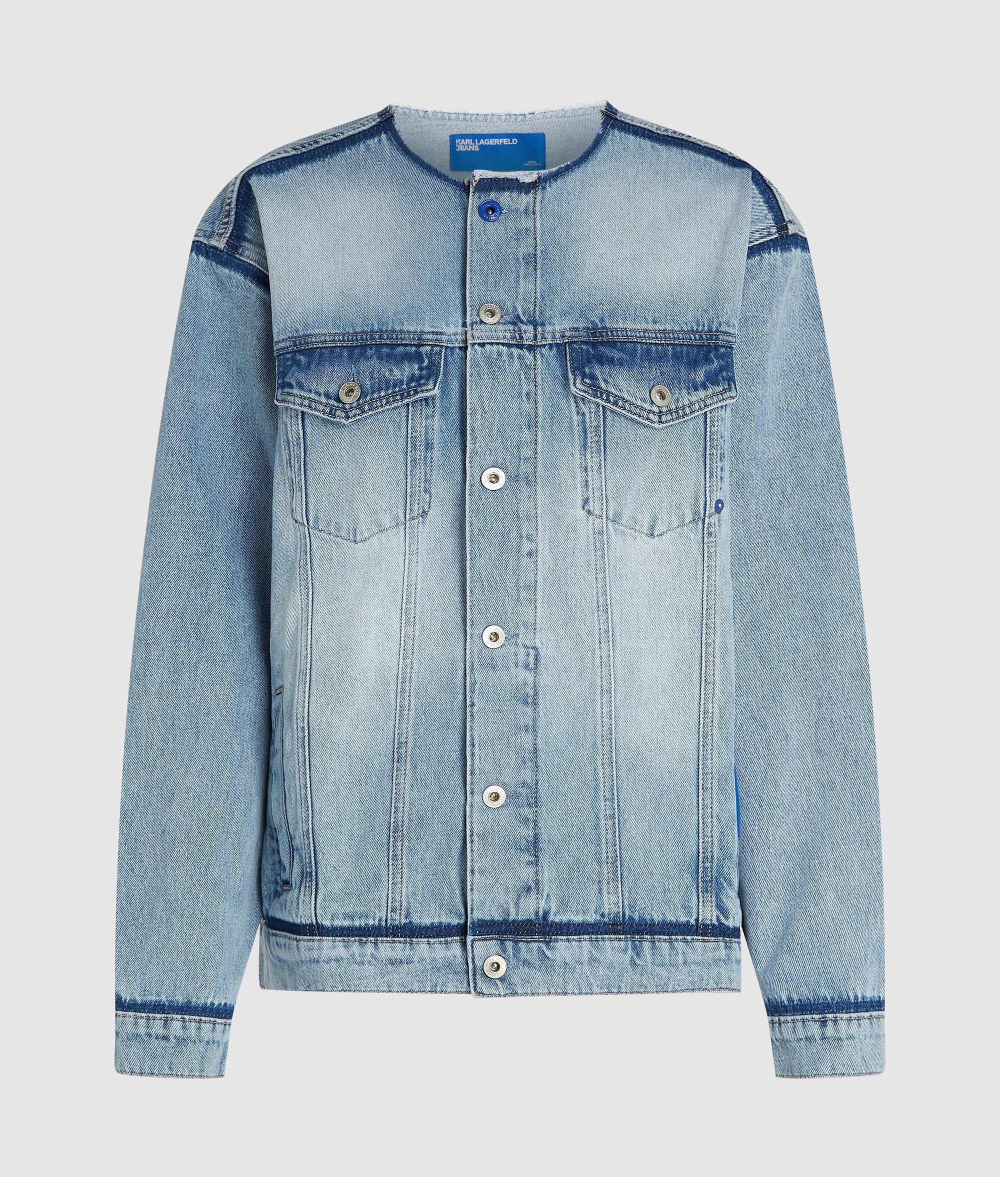 Collarless denim jacket