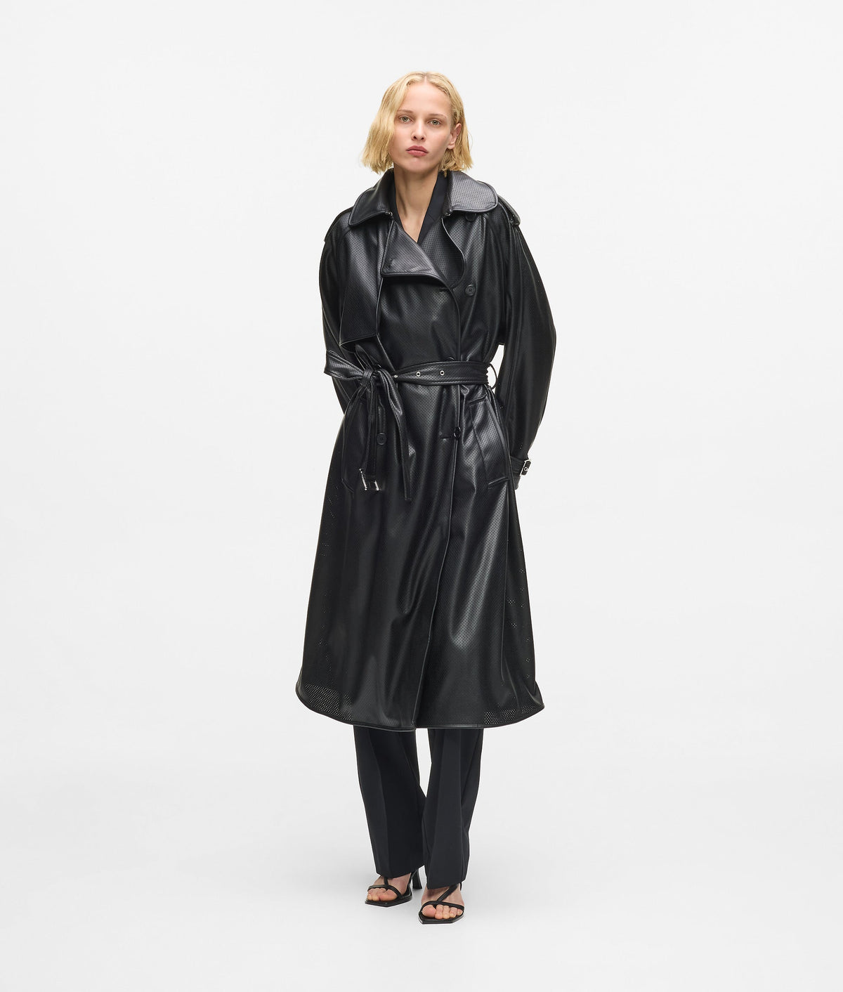 Perforated faux leather trench coat