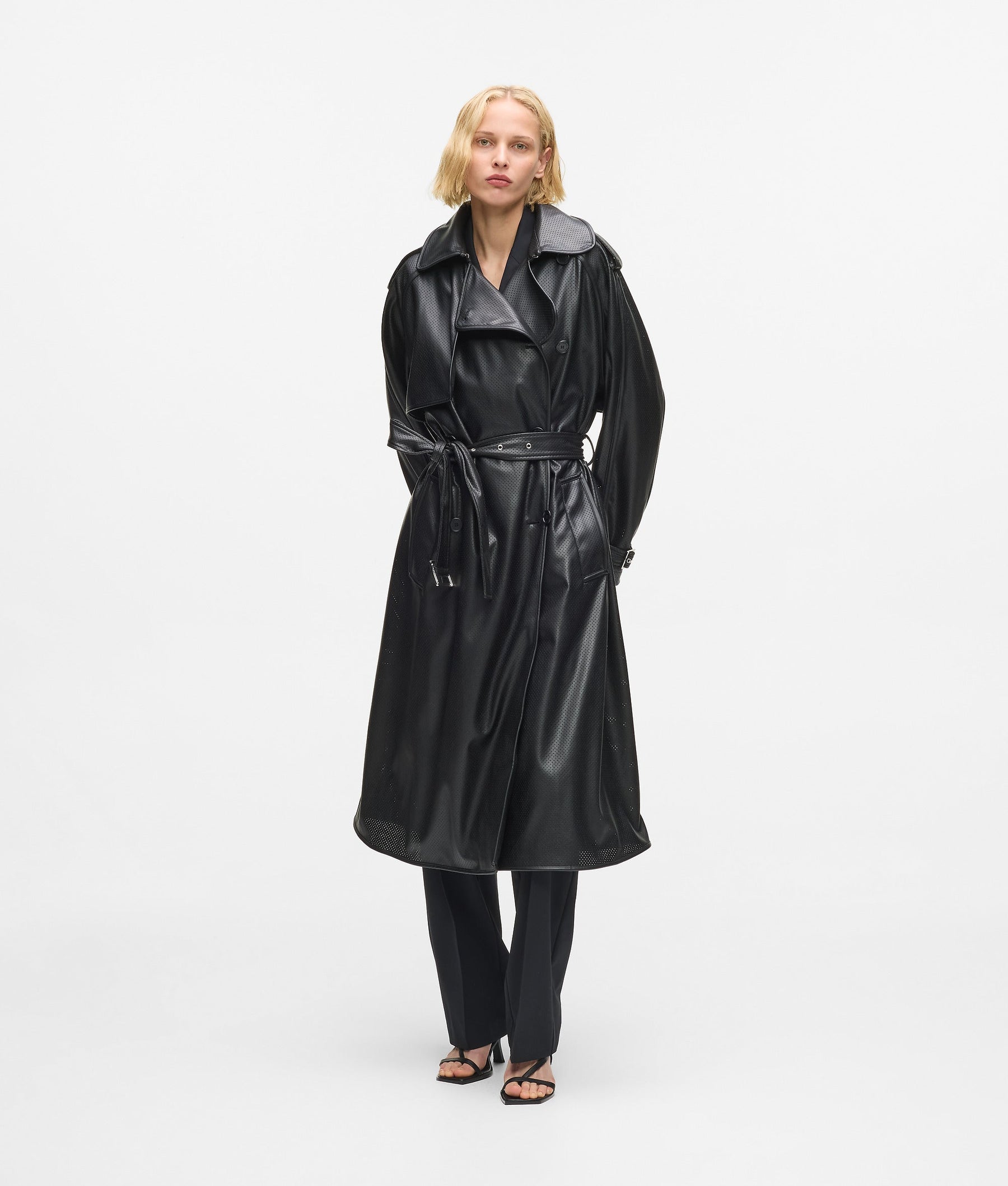 Perforated faux leather trench coat