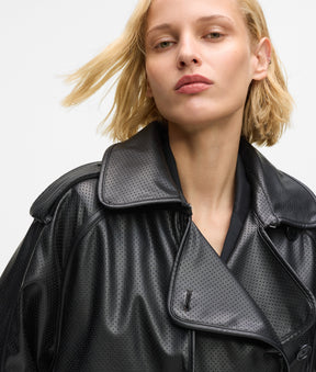 Perforated faux leather trench coat