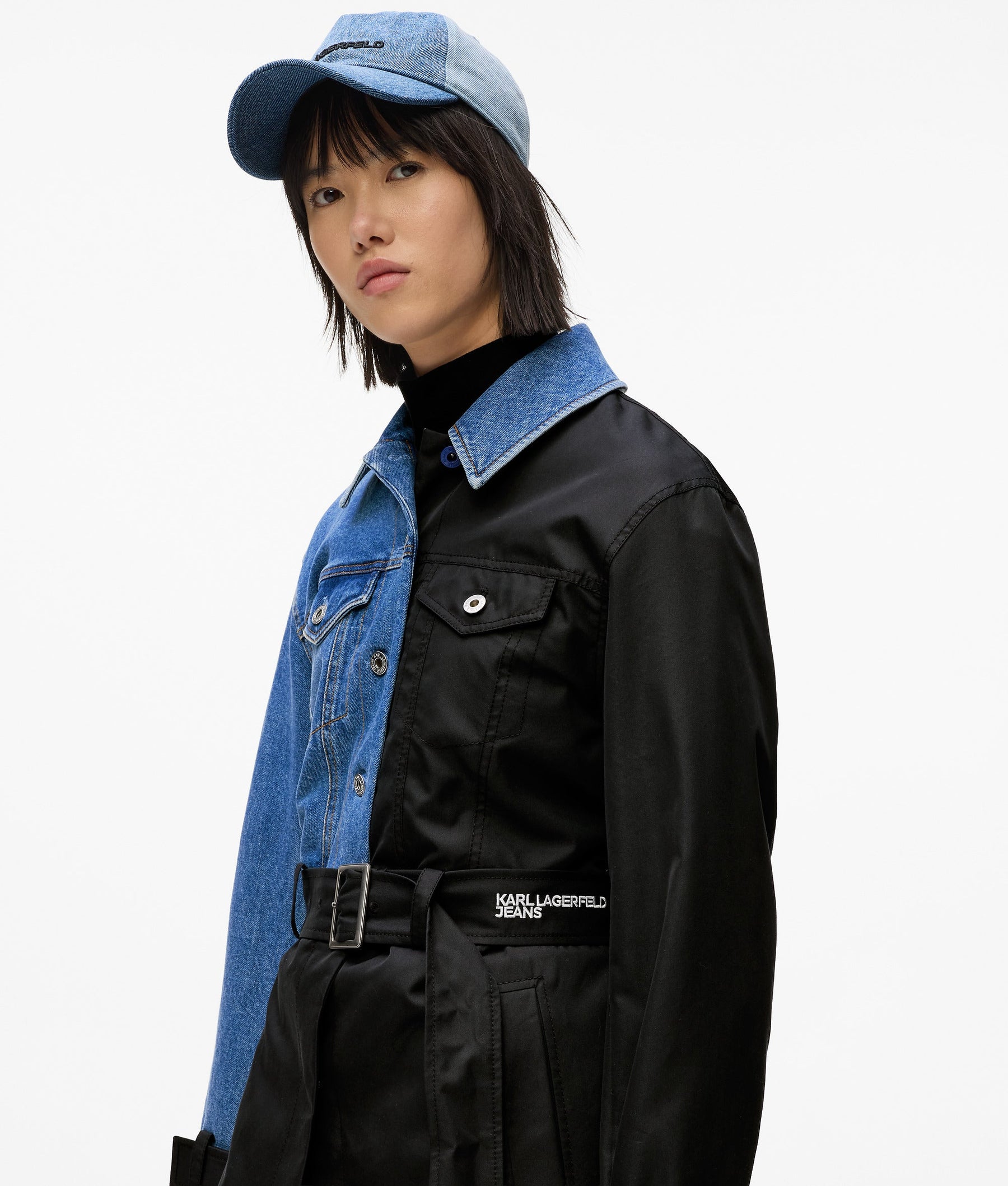Denim panel trench coat