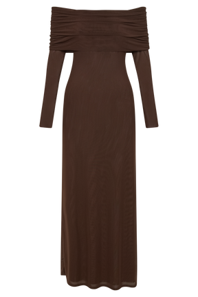 Josie Off Shoulder Mesh Maxi Dress - Dark Brown