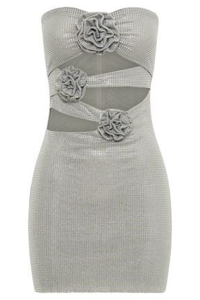 Korinna Strapless Rose Diamante Mini Dress - Silver