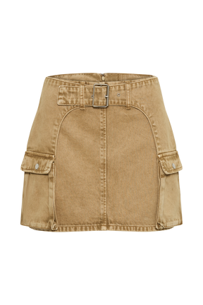 Rowena Denim Buckle Mini Skirt - Tan Acid Wash