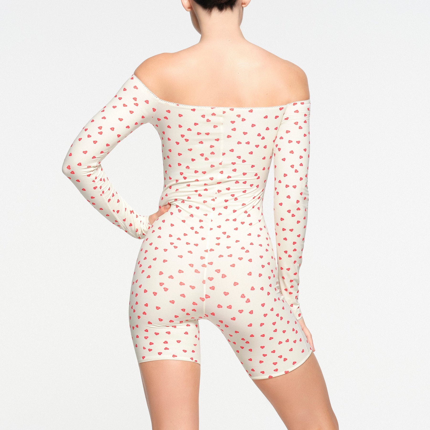 FITS EVERYBODY PICOT OFF THE SHOULDER ONESIE | RUBY HEART PRINT