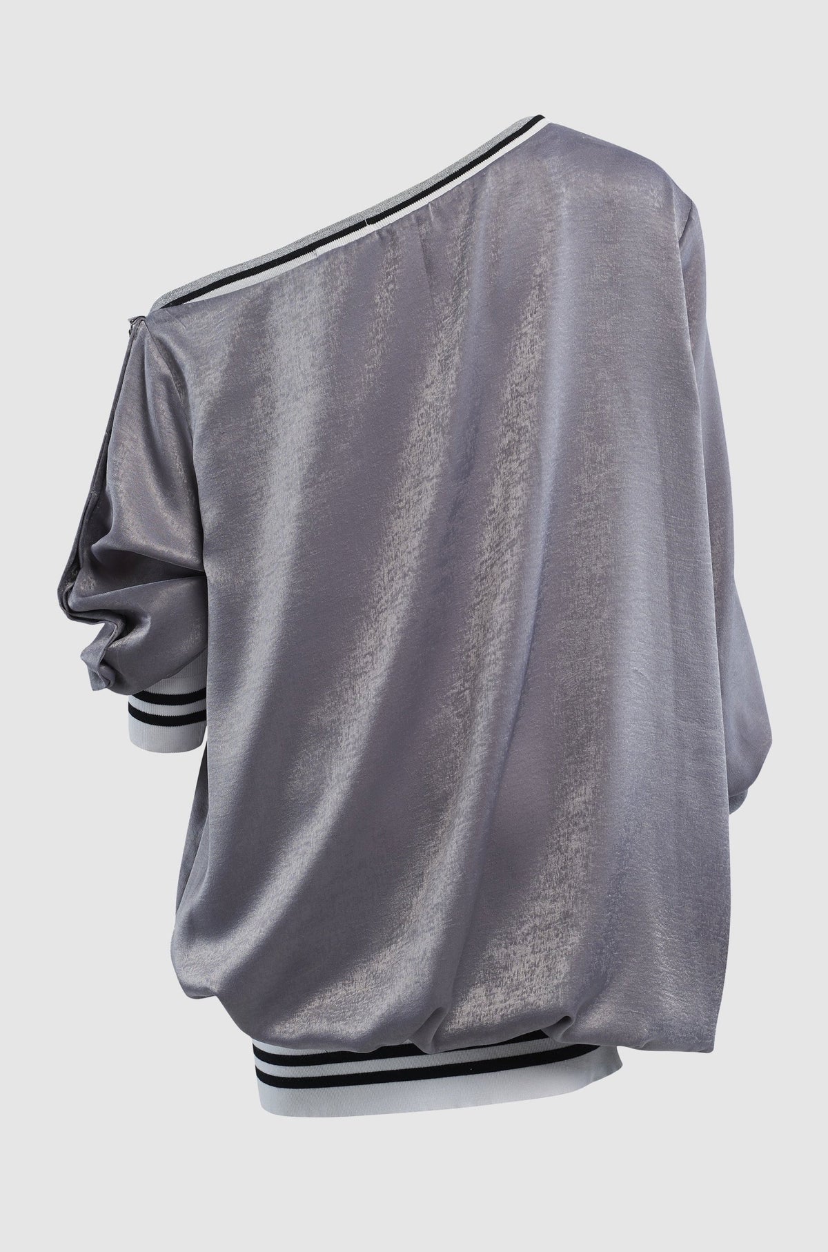 OFF THE SHOULDER SATIN BOMBER SWEATER