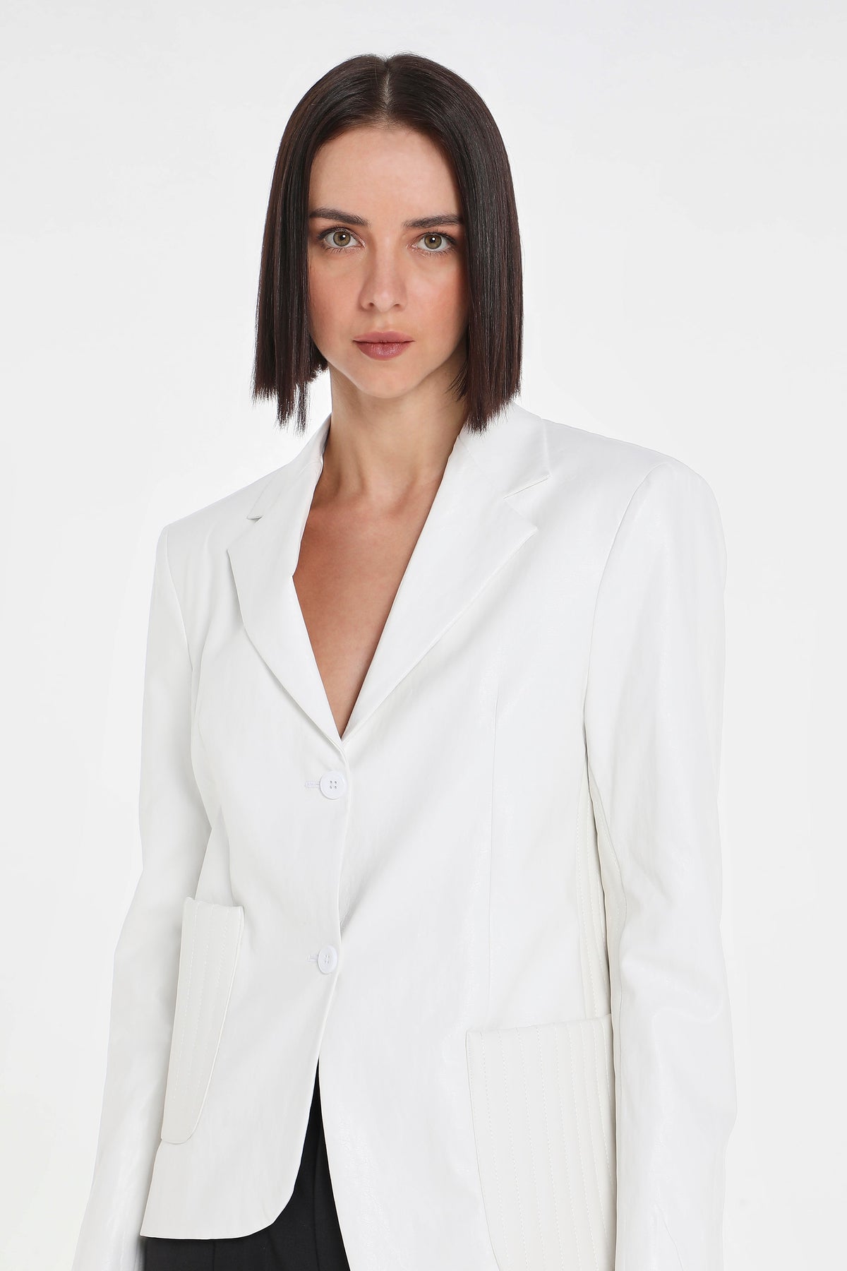 ASYMMETRIC QUILTED VEGAN LEATHER BLAZER