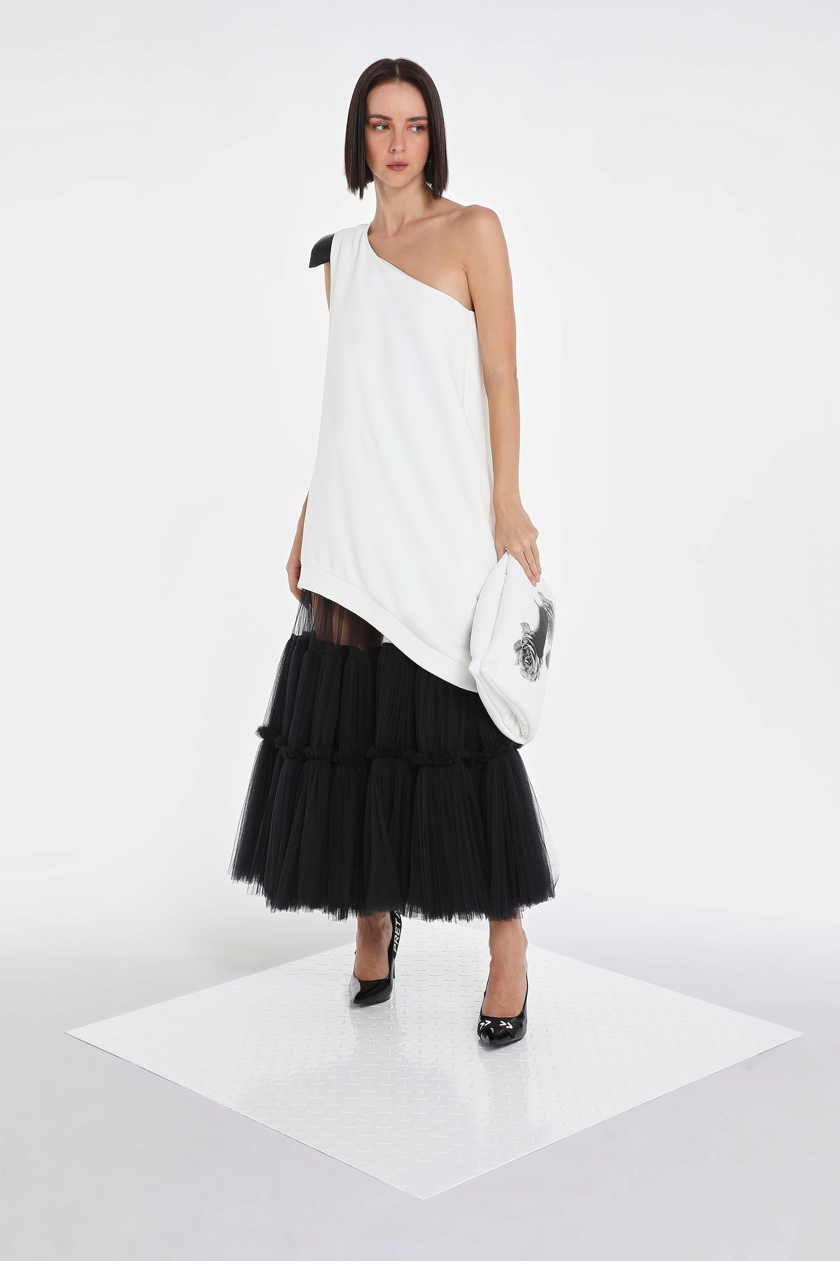 ONE SHOULDER DRESS W/ VEGAN LEATHER SHOULDER PAD