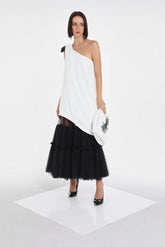 ONE SHOULDER DRESS W/ VEGAN LEATHER SHOULDER PAD