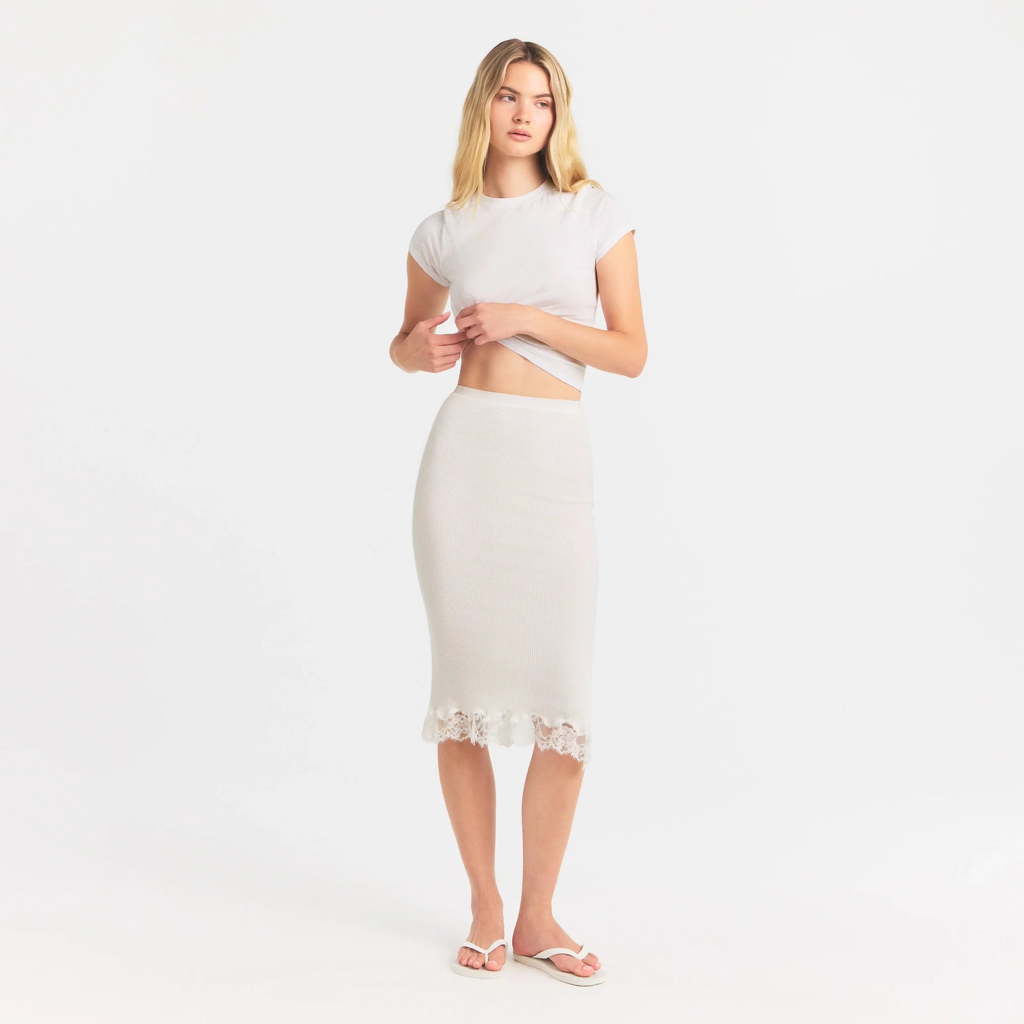 Rib Knit Lace Midi Skirt