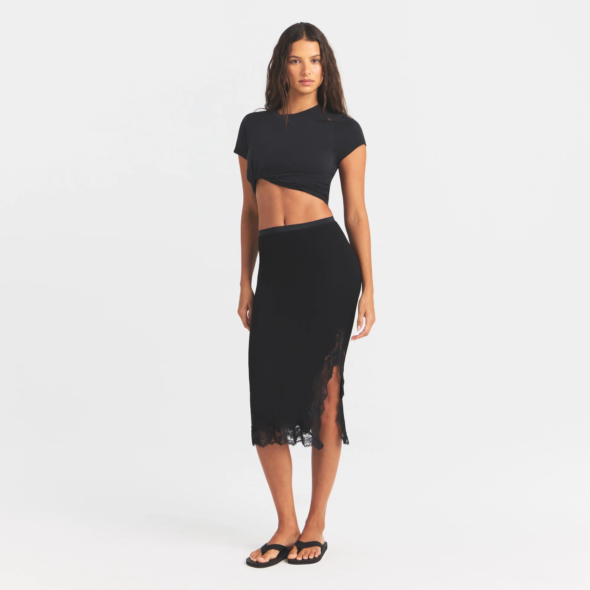 Rib Knit Lace Midi Skirt