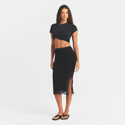Rib Knit Lace Midi Skirt
