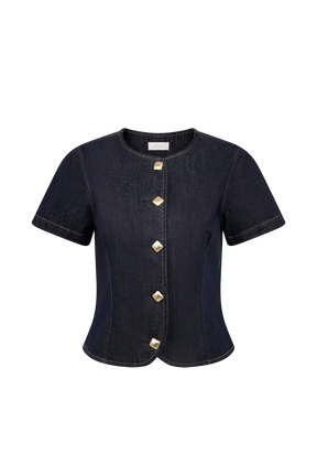 Bethany Short Sleeve Buttoned Denim Top - Washed Indigo Blue