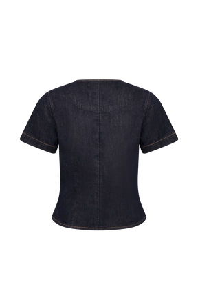 Bethany Short Sleeve Buttoned Denim Top - Washed Indigo Blue