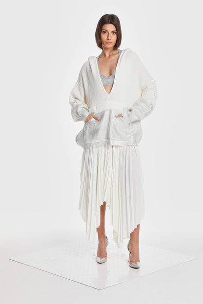 ASYMMETRIC PLEATED SKIRT W/ VEGAN LEATHER WAIST