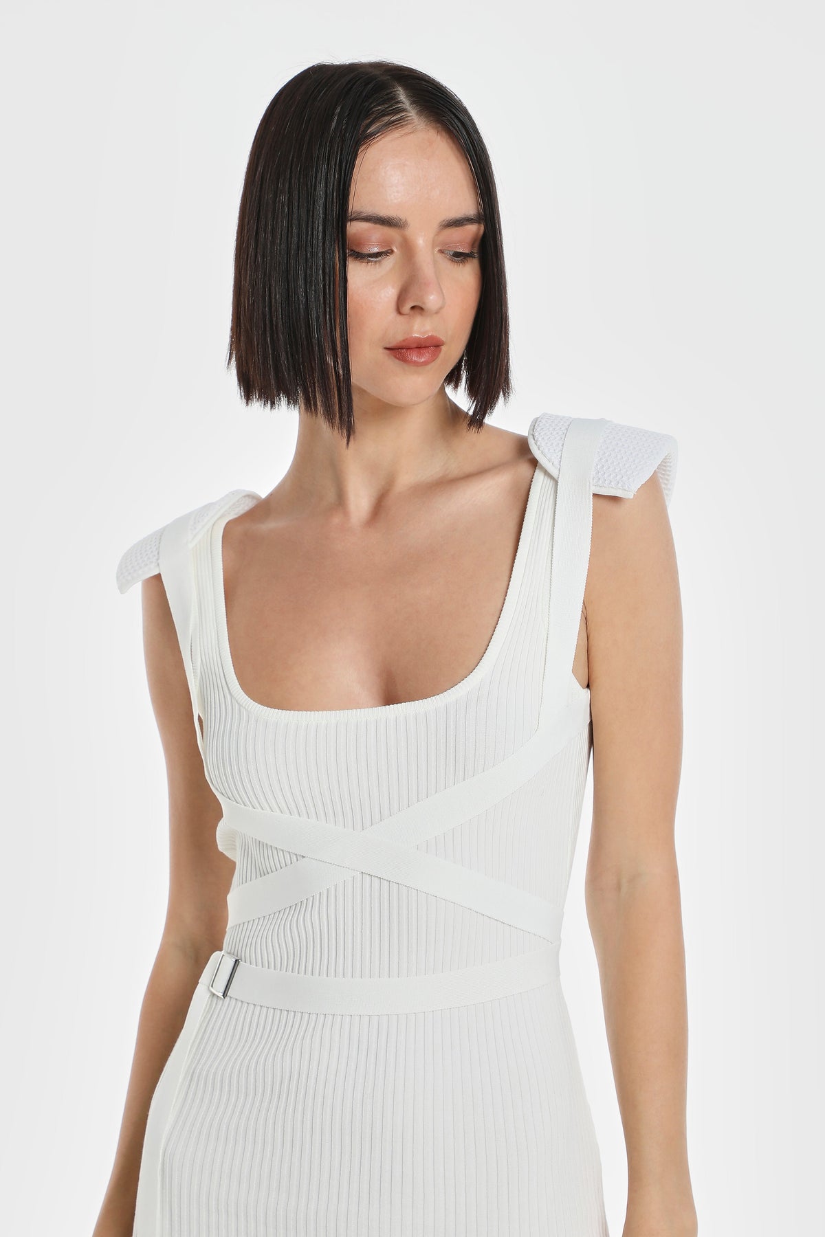 HARNESS KNIT DRESS W/ SHOULDER PADS