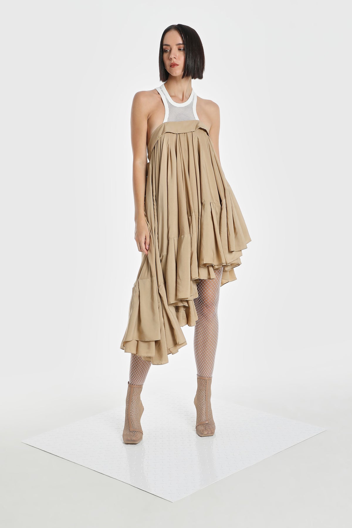 MESH RACER NECK ASYMMETRIC DRESS