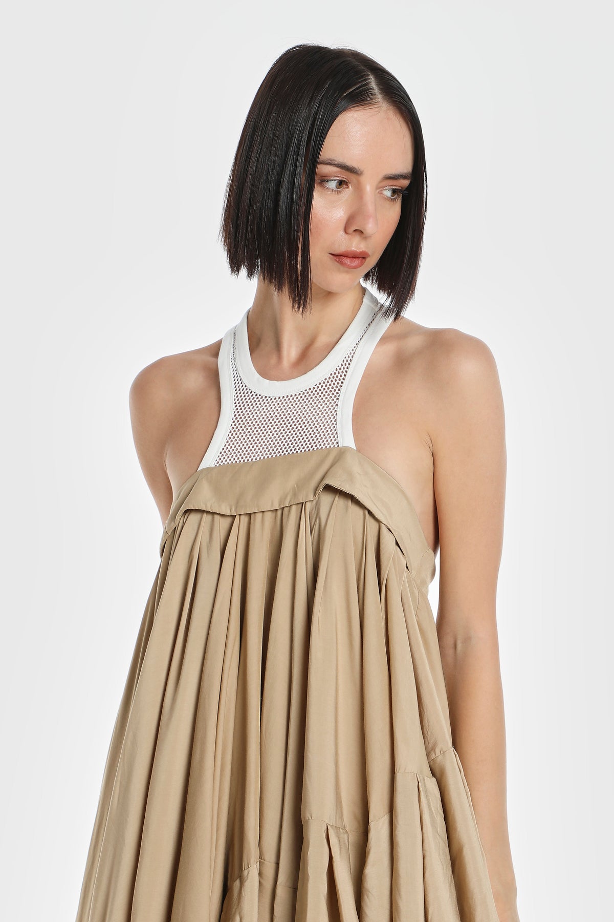 MESH RACER NECK ASYMMETRIC DRESS