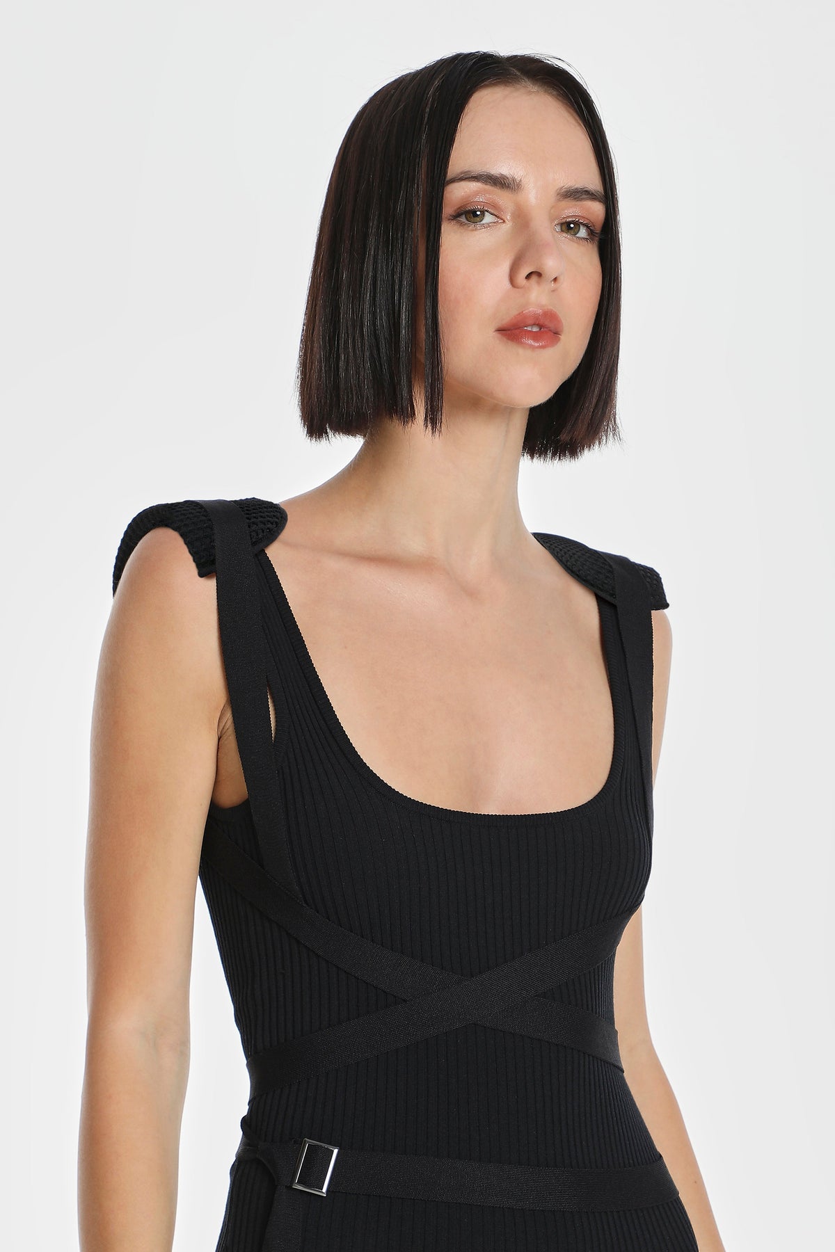 HARNESS KNIT DRESS W/ SHOULDER PADS