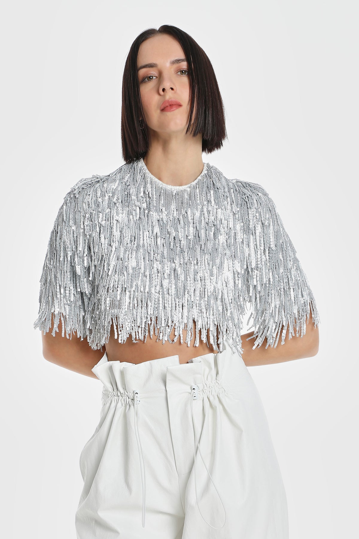 METALLIC FRINGED SEQUIN CROP TOP