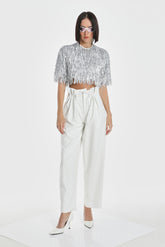 METALLIC FRINGED SEQUIN CROP TOP