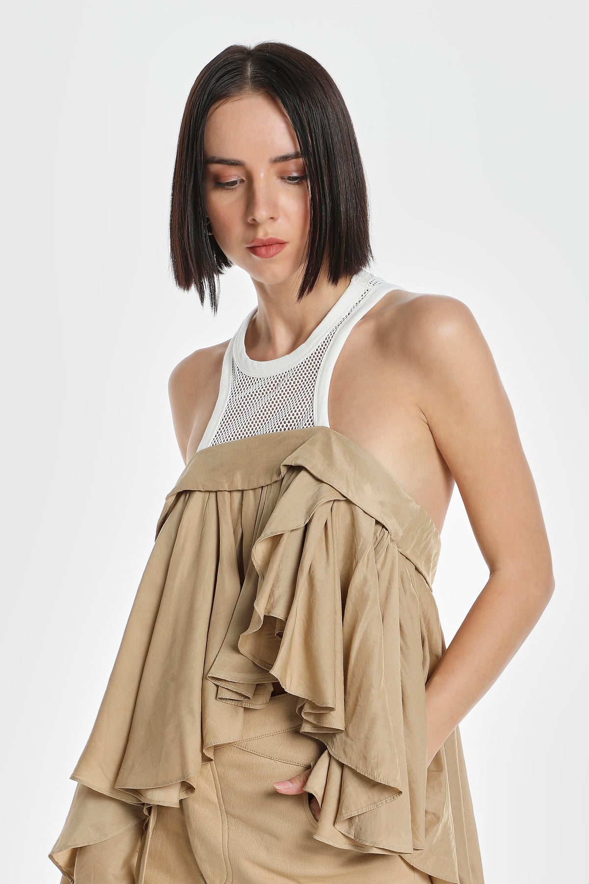 MESH RACER NECK ASYMMETRIC TOP