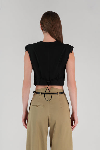 VEGAN LEATHER CROP VEST W/ SHOULDER PADS