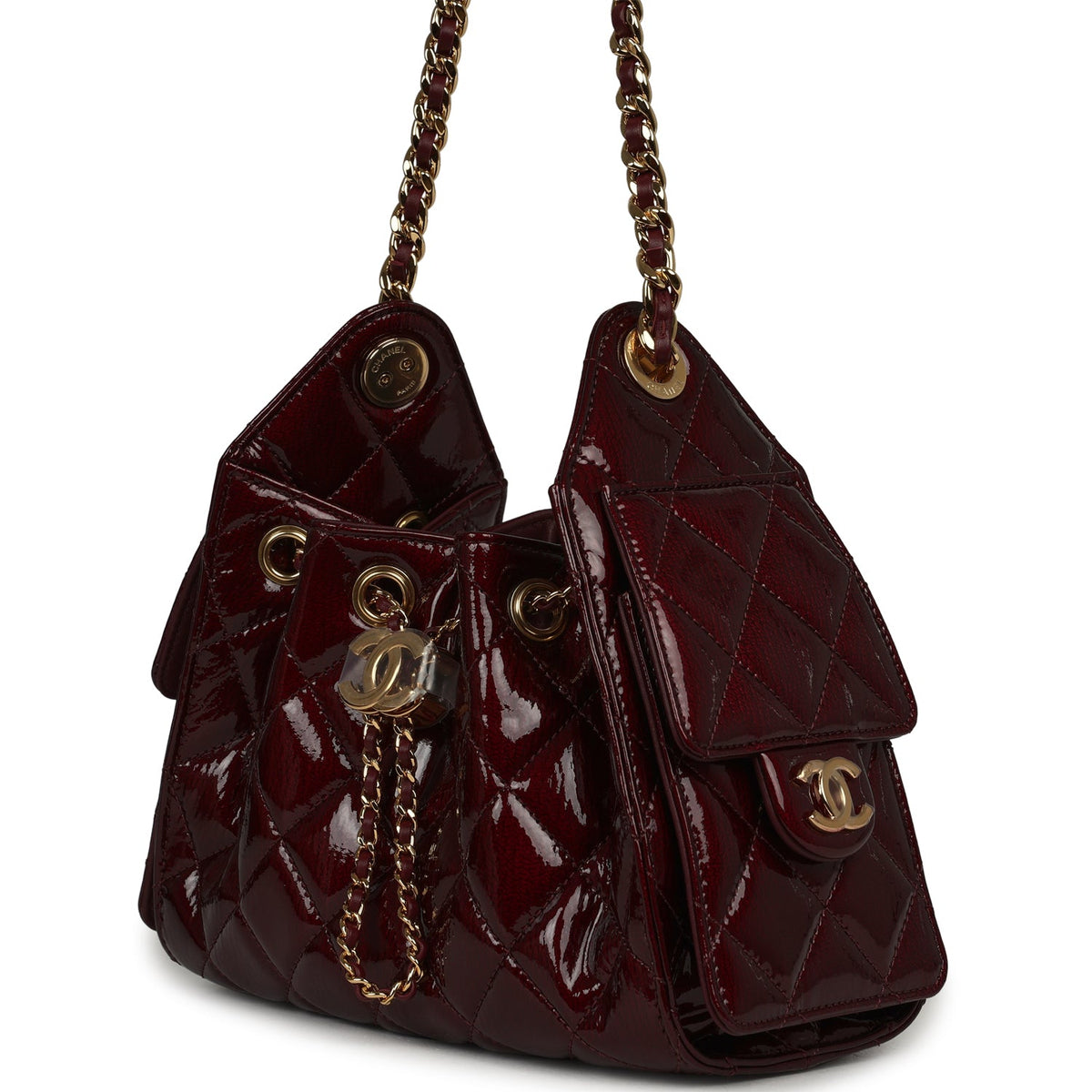 Chanel Mini 25 Hobo Bag Burgundy Patent Lambskin Gold Hardware