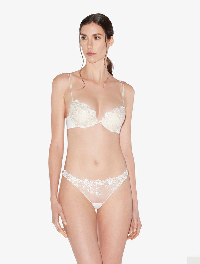 Brazilian Brief in off-white Lycra with embroidered tulle