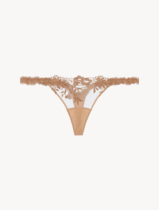 Thong in beige Lycra with embroidered tulle