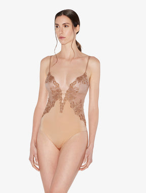 Bodysuit in beige Lycra with embroidered tulle