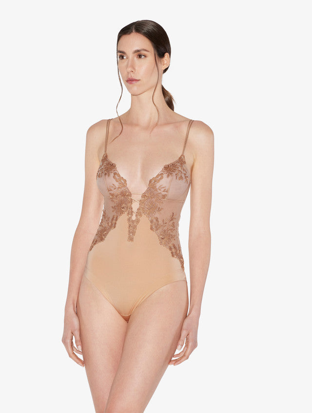 Bodysuit in beige Lycra with embroidered tulle