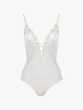 Bodysuit in off-white Lycra with embroidered tulle