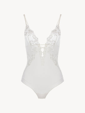 Bodysuit in off-white Lycra with embroidered tulle